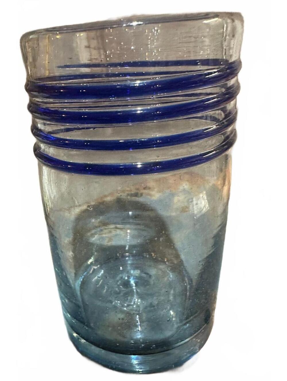Hand Blown Clear Glass Tumbler Cobalt Blue Spiral Rings